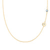 14k gold cable chain Classic necklace featuring one aquamarine and one 1/4” flat disc engraved with the letter A - front view