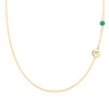14k gold cable chain Classic necklace featuring one emerald and one 1/4” flat disc engraved with the letter A - front view