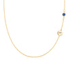 14k gold cable chain Classic necklace featuring one sapphire and one 1/4” flat disc engraved with the letter A - front view