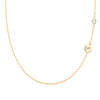 14k gold Classic necklace featuring one white topaz and one 1/4” flat disc engraved with the letter A - front view