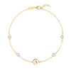 14k yellow gold Classic bracelet featuring four moonstones and one 1/4” flat disc engraved with the letter A - front view