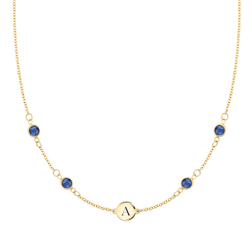 14k gold cable chain Classic necklace featuring four sapphires and one 1/4” flat disc engraved with the letter A - front view
