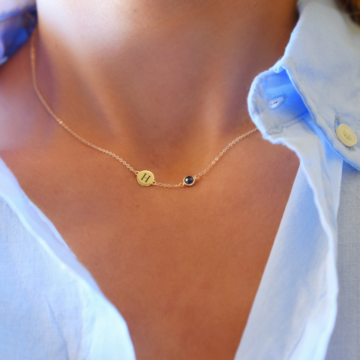 Personalized Classic 1 Letter & 1 Birthstone Necklace in 14K Gold (Double Spacing)