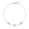 14k white gold cable chain bracelet featuring three 1/4” flat engraved letter discs, spelling MOM