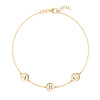 14k yellow gold cable chain bracelet featuring three 1/4” flat discs engraved with letters A, B & C - front view