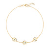 14k yellow gold cable chain necklace featuring three 1/4” flat engraved letter discs, spelling Joy - front view