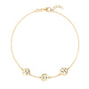 14k yellow gold cable chain bracelet featuring three 1/4” flat engraved letter discs, spelling MOM - front view