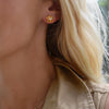 Woman wearing a 14k yellow gold Greenwich 5 Birthstone earring featuring five 4 mm citrines and one 2.1 mm diamond