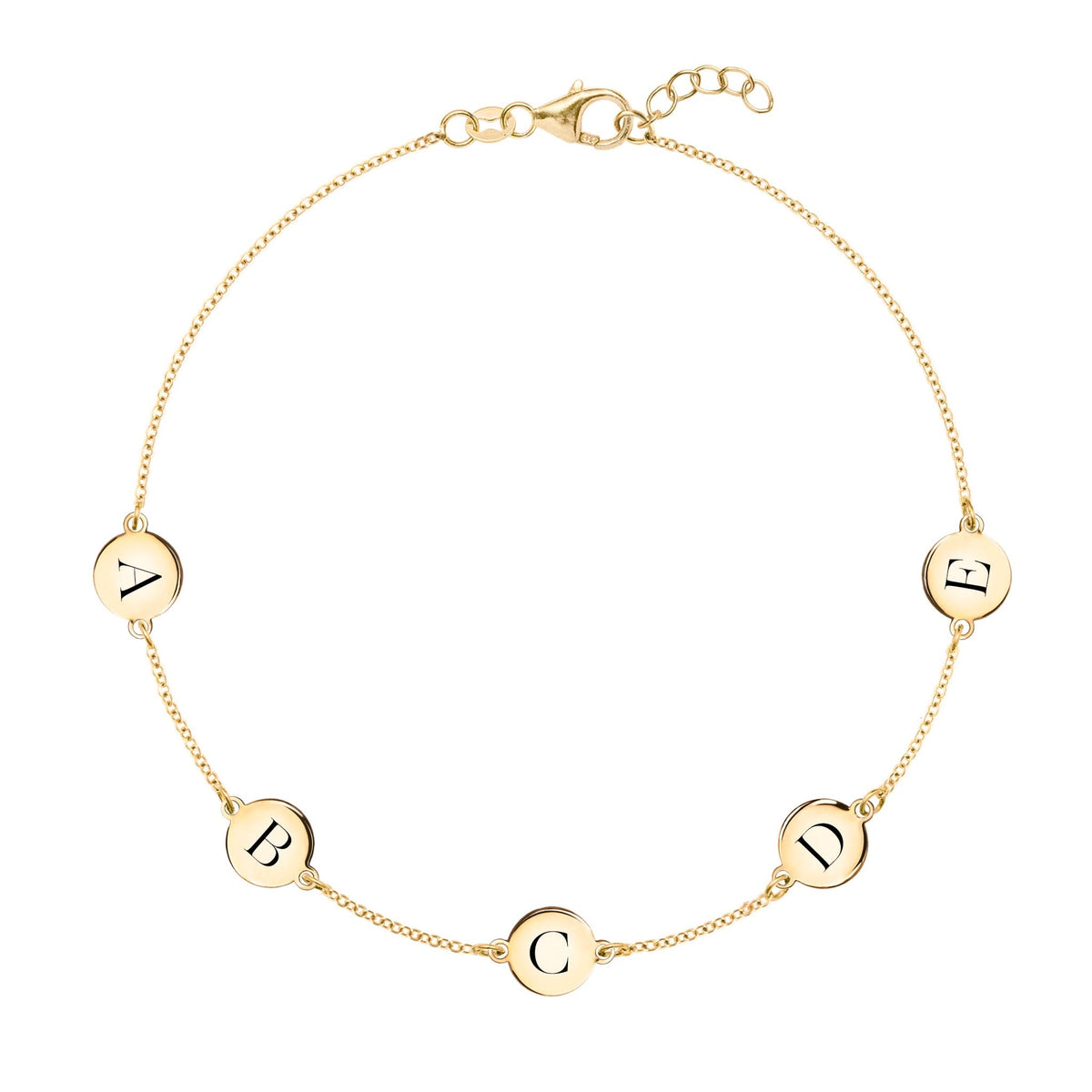 14k yellow gold cable chain bracelet featuring five 1/4” flat discs engraved with letters ABCDE - front view