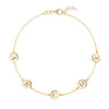 14k yellow gold cable chain bracelet featuring five 1/4” flat discs engraved with letters ABCDE - front view