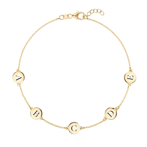 14k yellow gold cable chain bracelet featuring five 1/4” flat discs engraved with letters ABCDE - front view