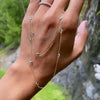 Woman holding a Bayberry Birthstone Wrap necklace featuring 4 mm briolette cut Nantucket blue topaz bezel set in 14k gold