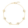 14k yellow gold cable chain bracelet featuring six 1/4” flat discs engraved with letters ABCDEF - front view