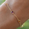 Woman wearing a Sunset bracelet featuring alternating 4 mm Pink Tourmalines and Citrines bezel set in 14k yellow gold