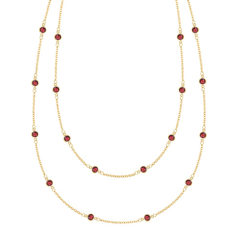 Bayberry Birthstone Wrap necklace featuring 4 mm briolette cut garnets bezel set in 14k yellow gold - front view