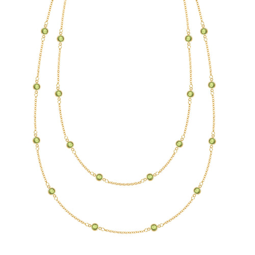 Bayberry Birthstone Wrap necklace featuring 4 mm briolette cut peridots bezel set in 14k yellow gold - front view