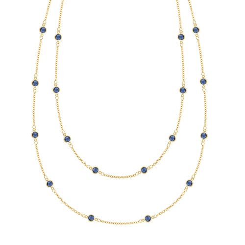 Bayberry Birthstone Wrap necklace featuring 4 mm briolette cut sapphires bezel set in 14k yellow gold - front view