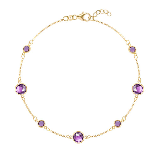 Bayberry Grand & Classic bracelet featuring 7 alternating 4 mm & 6 mm briolette amethysts bezel set in 14k gold - front view