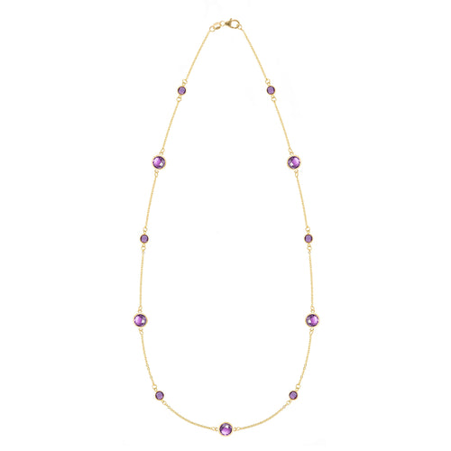 Bayberry Grand & Classic 14k yellow gold necklace featuring eleven alternating 4 mm and 6 mm briolette cut bezel set amethysts