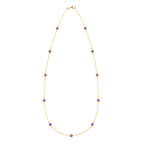 Bayberry 11 Birthstone necklace featuring eleven 4 mm briolette amethysts bezel set in 14k gold - front view