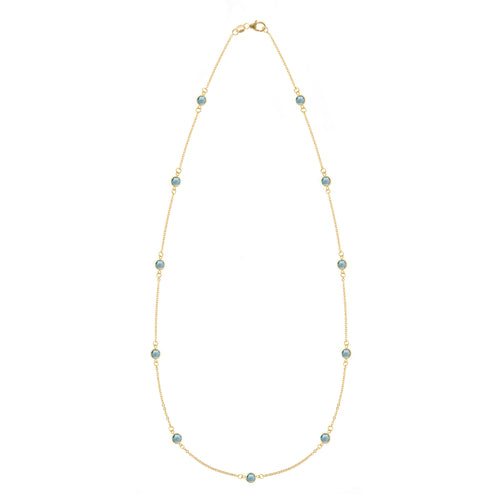 Bayberry 11 Birthstone necklace featuring eleven 4 mm briolette Nantucket blue topaz bezel set in 14k gold - front view
