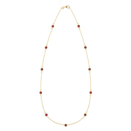 Bayberry 11 Birthstone necklace featuring eleven 4 mm briolette garnets bezel set in 14k gold - front view