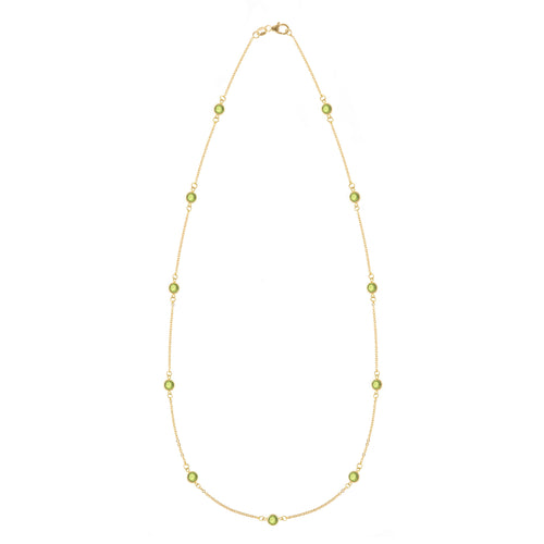 Bayberry 11 Birthstone necklace featuring eleven 4 mm briolette peridots bezel set in 14k gold - front view