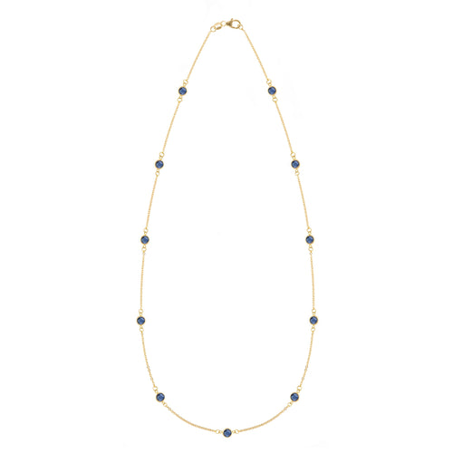 Bayberry 11 Birthstone necklace featuring eleven 4 mm briolette sapphires bezel set in 14k gold - front view