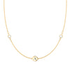 14k gold cable chain Classic necklace featuring two gemstones and one 1/4” flat disc engraved with the letter A - front view