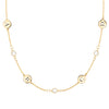 14k yellow gold Classic necklace featuring three round birthstones and four 1/4” flat letter-engraved discs - front view