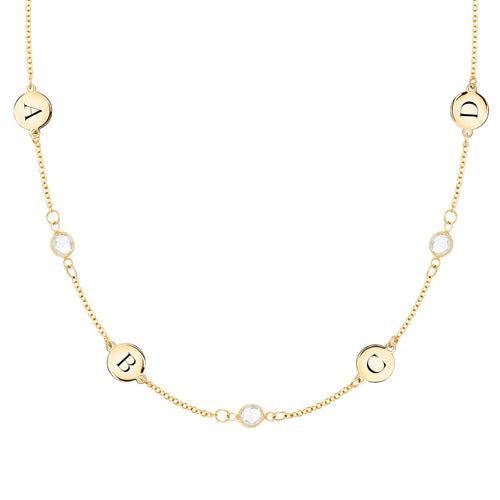 14k yellow gold Classic necklace featuring three round birthstones and four 1/4” flat letter-engraved discs - front view