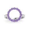Rosecliff open circle ring featuring sixteen 2 mm faceted round cut amethysts prong set in 14k white gold