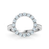 Rosecliff open circle ring featuring sixteen 2 mm faceted round cut aquamarines prong set in 14k white gold