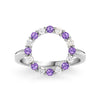 Rosecliff open circle ring featuring sixteen alternating 2 mm round cut amethysts and diamonds prong set in 14k white gold