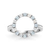 Rosecliff open circle ring featuring sixteen alternating 2 mm round cut aquamarines and diamonds prong set in 14k white gold