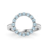 Rosecliff open circle ring featuring sixteen 2 mm faceted round cut Nantucket blue topaz prong set in 14k white gold