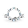 Rosecliff open circle ring featuring sixteen alternating 2 mm Nantucket blue topaz and diamonds prong set in 14k white gold