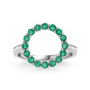 Rosecliff open circle ring featuring sixteen 2 mm faceted round cut emeralds prong set in 14k white gold