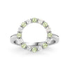 Rosecliff open circle ring featuring alternating sixteen 2 mm round cut peridots and diamonds prong set in 14k white gold