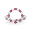Rosecliff open circle ring featuring sixteen alternating 2 mm round cut rubies and diamonds prong set in 14k white gold