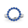 Rosecliff open circle ring featuring sixteen 2 mm faceted round cut sapphires prong set in 14k white gold