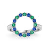 Rosecliff open circle ring featuring alternating 2 mm faceted round cut sapphires and emeralds prong set in 14k white gold