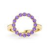 Rosecliff open circle ring featuring sixteen 2 mm faceted round cut amethysts prong set in 14k yellow gold - front view