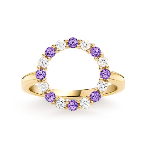Rosecliff open circle ring featuring 16 alternating 2 mm faceted amethysts and diamonds prong set in 14k gold - front view