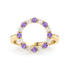 Rosecliff open circle ring featuring 16 alternating 2 mm faceted amethysts and diamonds prong set in 14k gold - front view