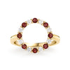 Rosecliff open circle ring featuring sixteen alternating 2 mm faceted garnets and diamonds prong set in 14k gold - front view