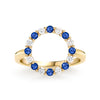 Rosecliff open circle ring featuring 16 alternating 2 mm round cut sapphires and diamonds prong set in 14k gold - front view