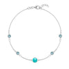 Grand & Classic bracelet featuring one 6 mm Turquoise and four 4 mm Nantucket Blue Topaz bezel set in 14k white gold