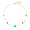 Grand & Classic bracelet featuring one 6 mm Turquoise and four 4 mm Nantucket Blue Topaz bezel set in 14k gold - front view