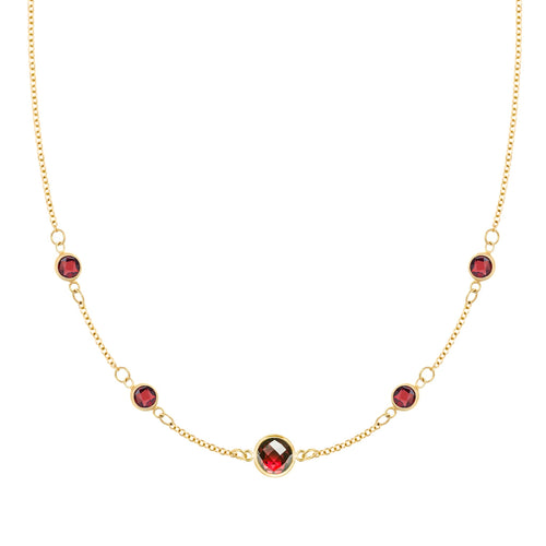 Grand & Classic necklace featuring one 6 mm and four 4 mm Garnets bezel set in 14k yellow gold - front view